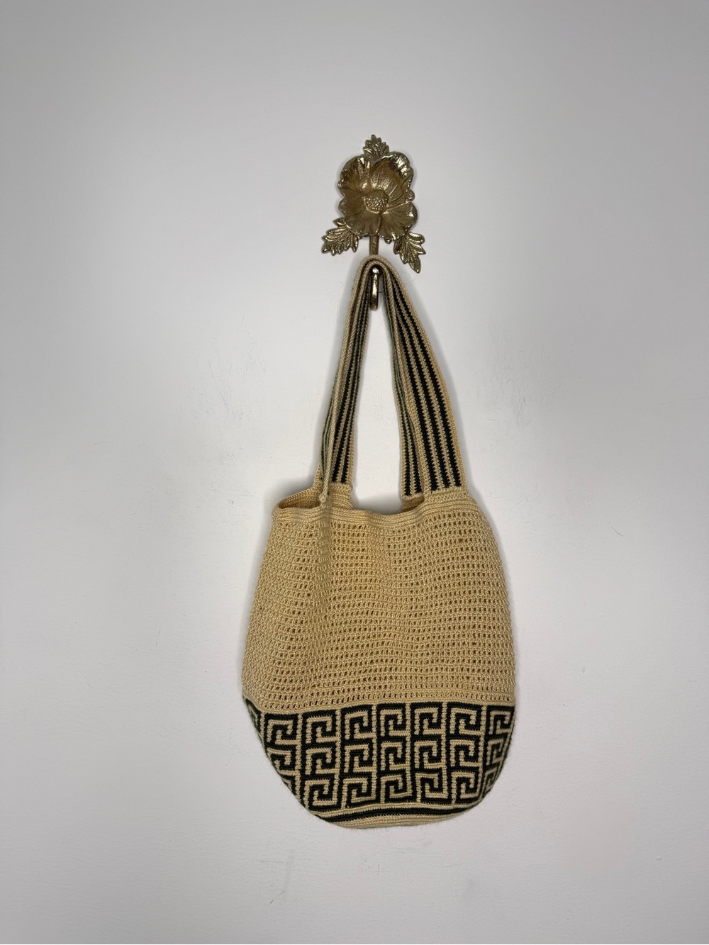 Beige Crochet Tote with Black Geo Pattern and Striped Handles